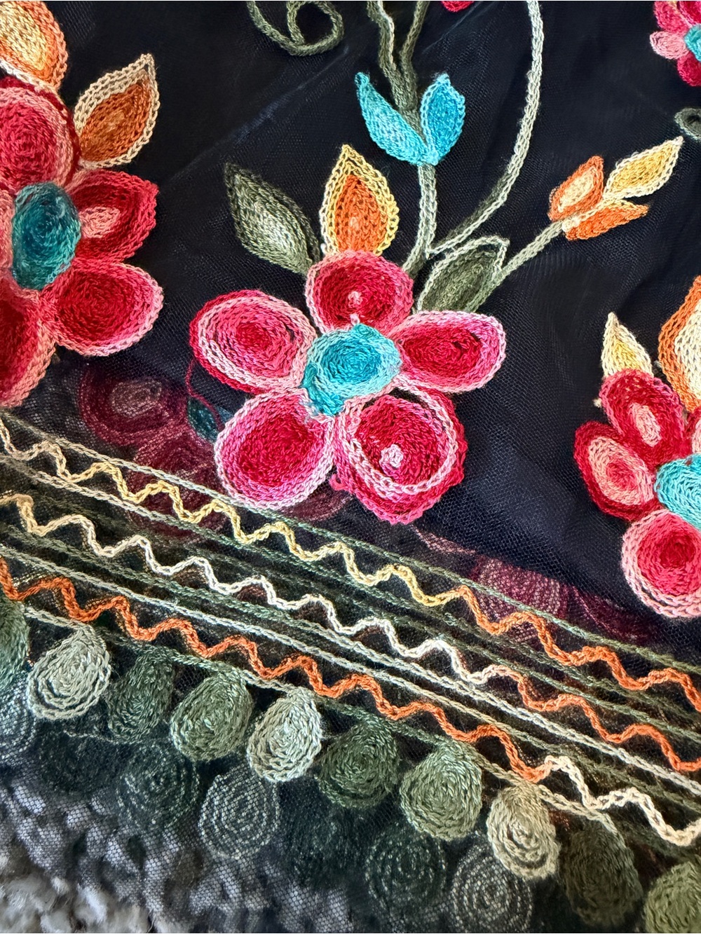 Black Stretchy Skirt with Multicolor Floral Embroidery - Picture 3 of 4